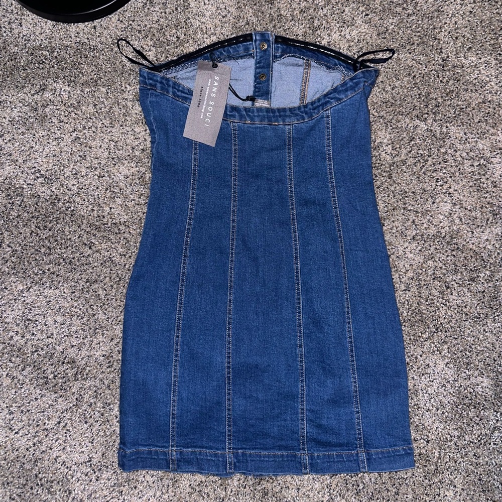 Denim Mini Button Up Strapless Dress - Picture 3 of 6